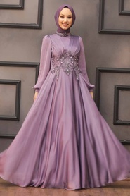 Tesettürlü Abiye Elbise - Robe de Soirée Lilas Hijab 22150LILA - Thumbnail