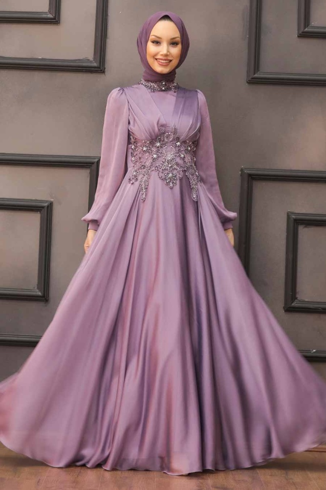 Tesettürlü Abiye Elbise - Robe de Soirée Lilas Hijab 22150LILA - 2