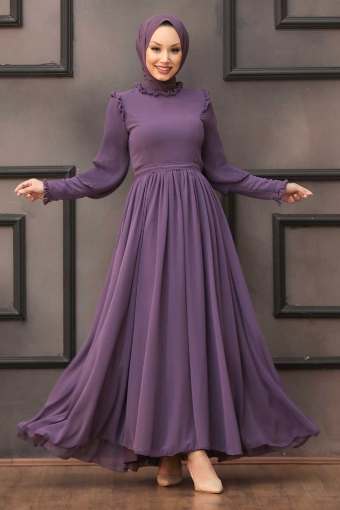 Tesettürlü Abiye Elbise - Robe de Soirée Lilas Hijab 40720LILA - 1