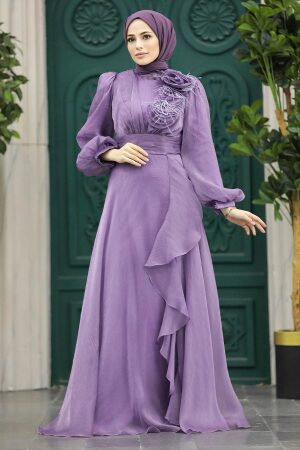 Tesettürlü Abiye Elbise - Robe de soirée lilas vêtements islamiques 22321LILA - Thumbnail