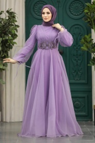 Tesettürlü Abiye Elbise - Robe de soirée lilas vêtements islamiques 2249LILA - Thumbnail