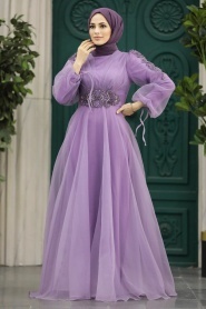 Tesettürlü Abiye Elbise - Robe de soirée lilas vêtements islamiques 2249LILA - Thumbnail