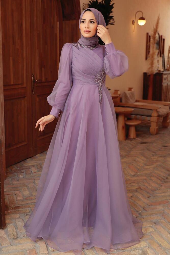 Tesettürlü Abiye Elbise - Robe de soirée lilas vêtements islamiques 22551LILA - 1