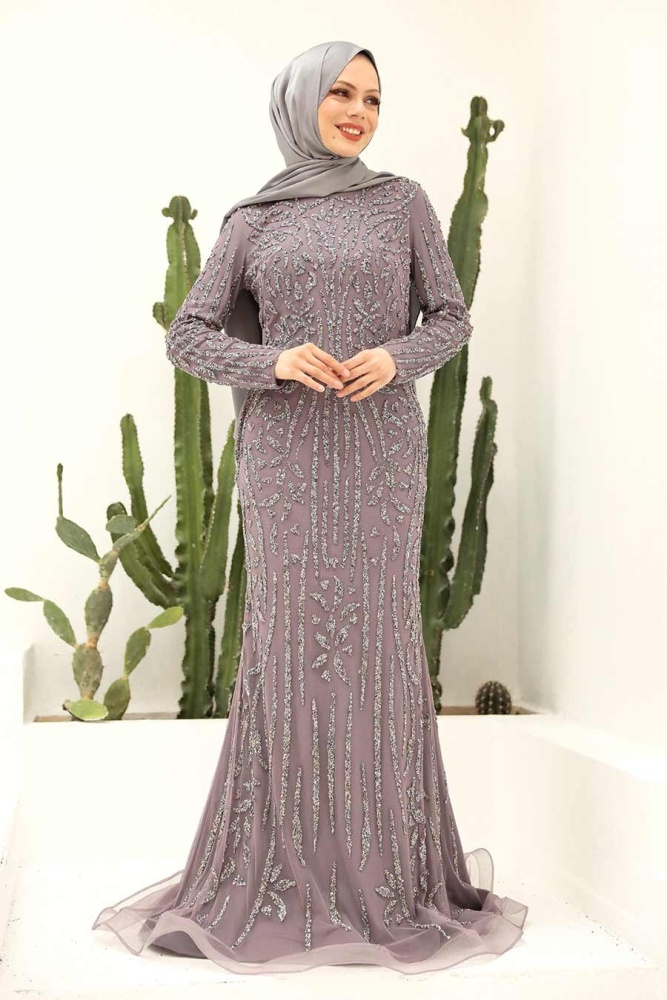 Tesettürlü Abiye Elbise - Robe de soirée lilas vêtements islamiques 820LILA - 1