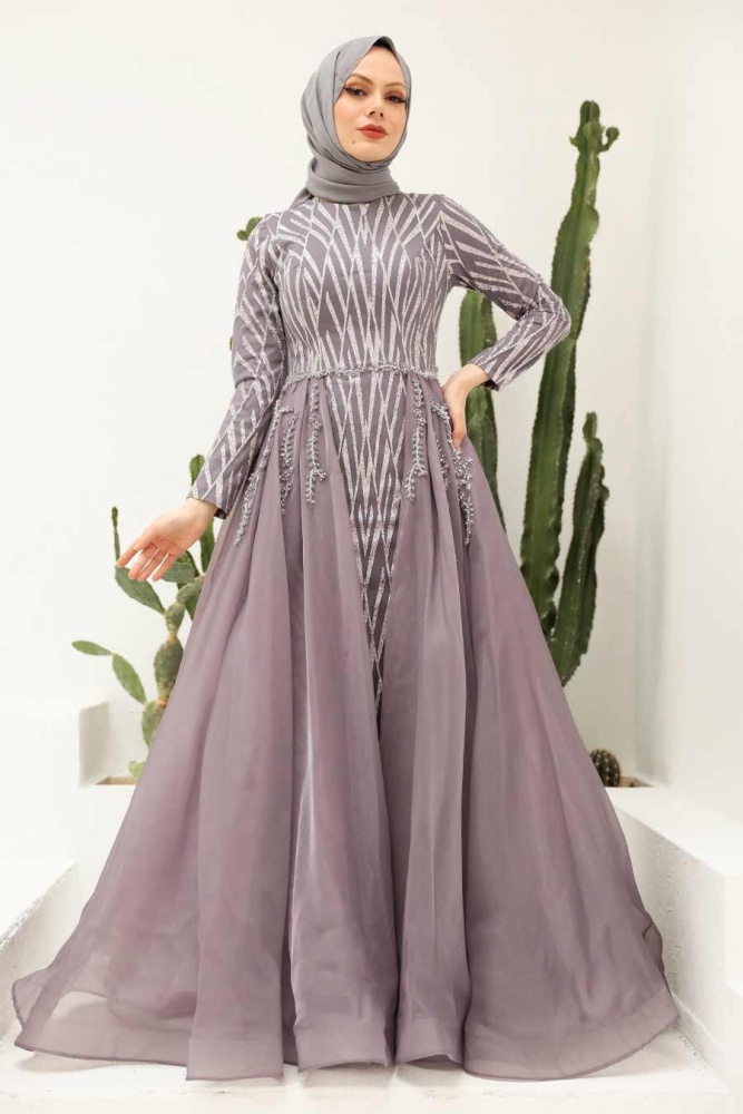 Tesettürlü Abiye Elbise - Robe de soirée lilas vêtements islamiques 950LILA - 1