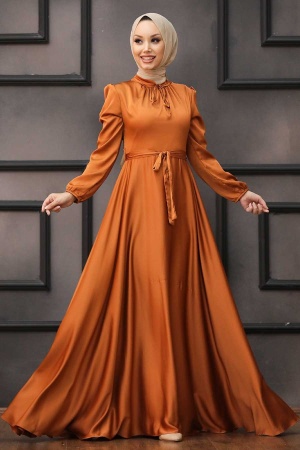 Tesettürlü Abiye Elbise -Robe de soirée marron clair avec hijab 25130TB - 1