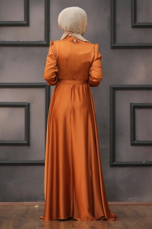 Tesettürlü Abiye Elbise -Robe de soirée marron clair avec hijab 25130TB - 2