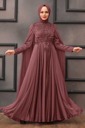 Tesettürlü Abiye Elbise - Robe de soirée marron pour vêtements islamiques 22001KH - 1