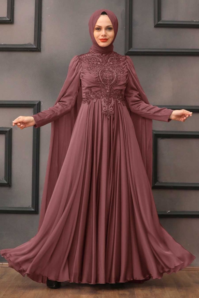 Tesettürlü Abiye Elbise - Robe de soirée marron pour vêtements islamiques 22001KH - 1