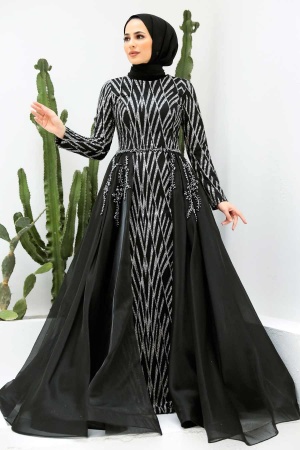 Tesettürlü Abiye Elbise - Robe de soirée noire islamique 950S - 1
