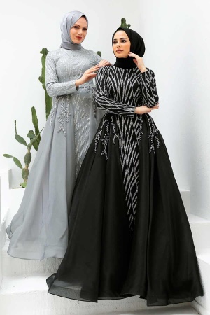 Tesettürlü Abiye Elbise - Robe de soirée noire islamique 950S - 4