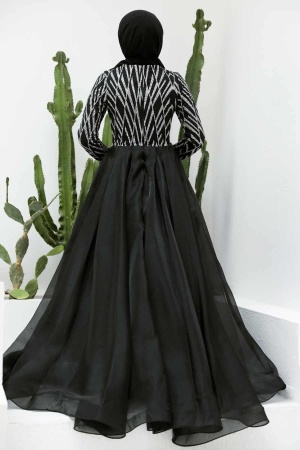 Tesettürlü Abiye Elbise - Robe de soirée noire islamique 950S - 5