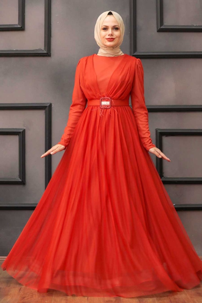 Tesettürlü Abiye Elbise - Robe de soirée orange pour vêtements islamiques 23341T - 1