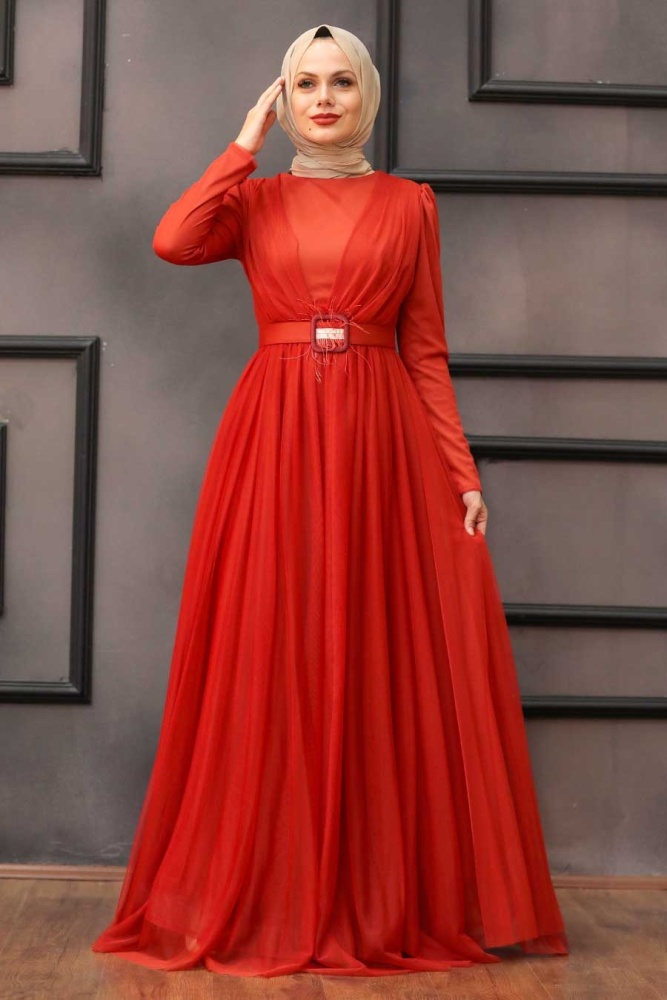 Tesettürlü Abiye Elbise - Robe de soirée orange pour vêtements islamiques 23341T - 2