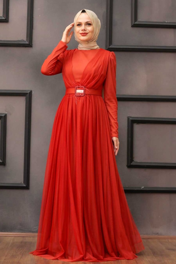 Tesettürlü Abiye Elbise - Robe de soirée orange pour vêtements islamiques 23341T - 3