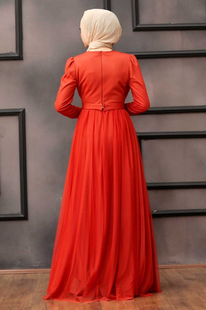 Tesettürlü Abiye Elbise - Robe de soirée orange pour vêtements islamiques 23341T - 5