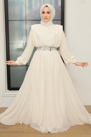Tesettürlü Abiye Elbise - Robe de Soirée Satin Hijab Ecru 36050E - 1