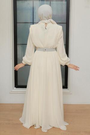 Tesettürlü Abiye Elbise - Robe de Soirée Satin Hijab Ecru 36050E - 3
