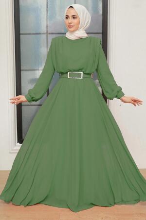 Tesettürlü Abiye Elbise - Robe de Soirée Satin Hijab Kaki 36050HK - 1