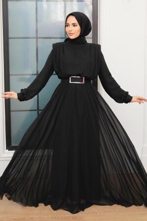 Tesettürlü Abiye Elbise - Robe de Soirée Satin Hijab Noir 36050S - 1