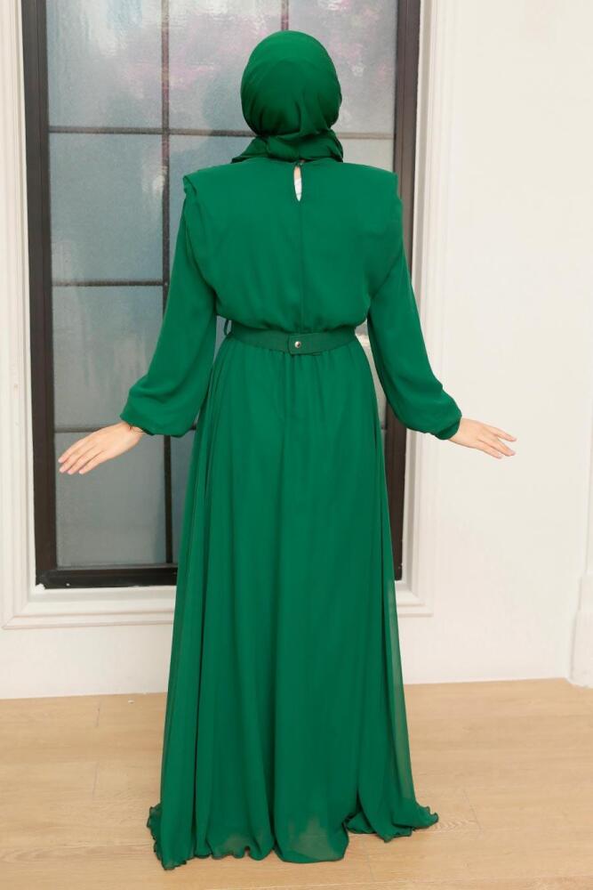 Tesettürlü Abiye Elbise - Robe de Soirée Satin Hijab Vert 36050Y - 1