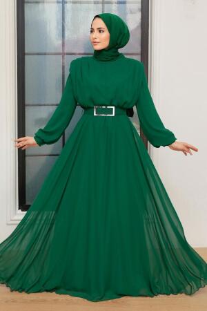 Tesettürlü Abiye Elbise - Robe de Soirée Satin Hijab Vert 36050Y - 2