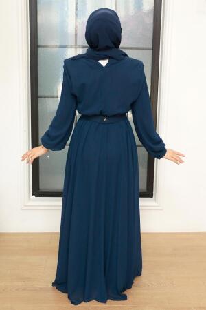 Tesettürlü Abiye Elbise - Robe de Soirée Satin Voile Bleu Marine 36050L - 2