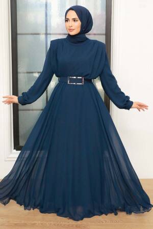 Tesettürlü Abiye Elbise - Robe de Soirée Satin Voile Bleu Marine 36050L - 1