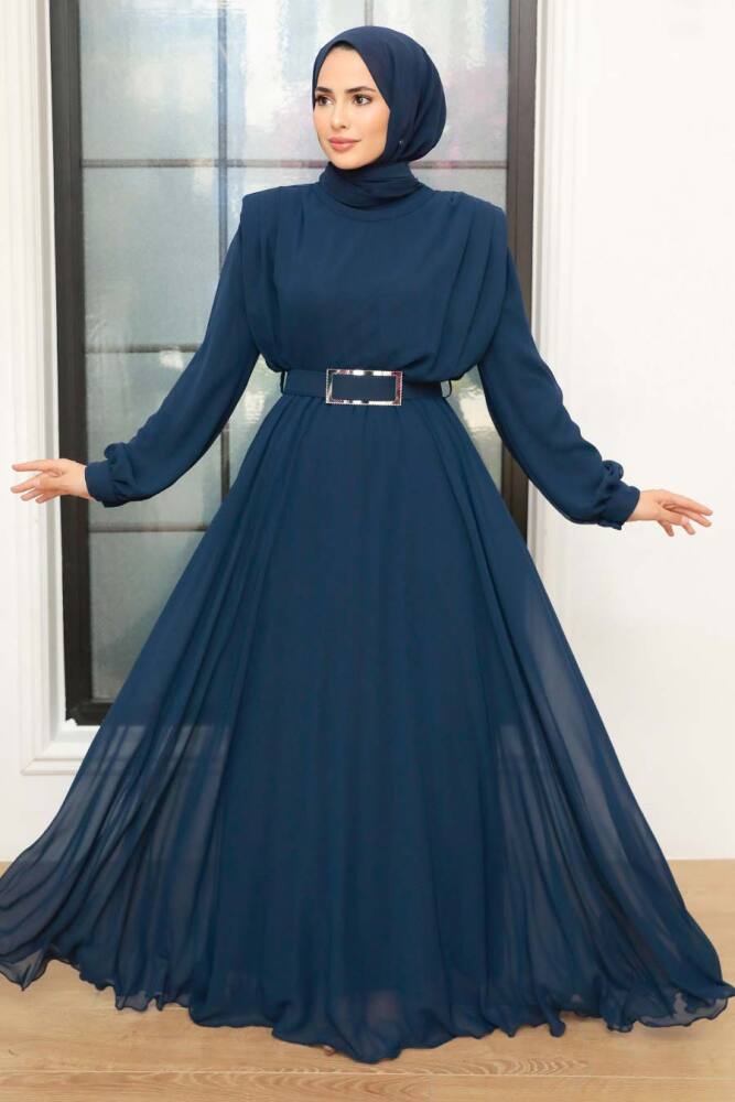 Tesettürlü Abiye Elbise - Robe de Soirée Satin Voile Bleu Marine 36050L - 1