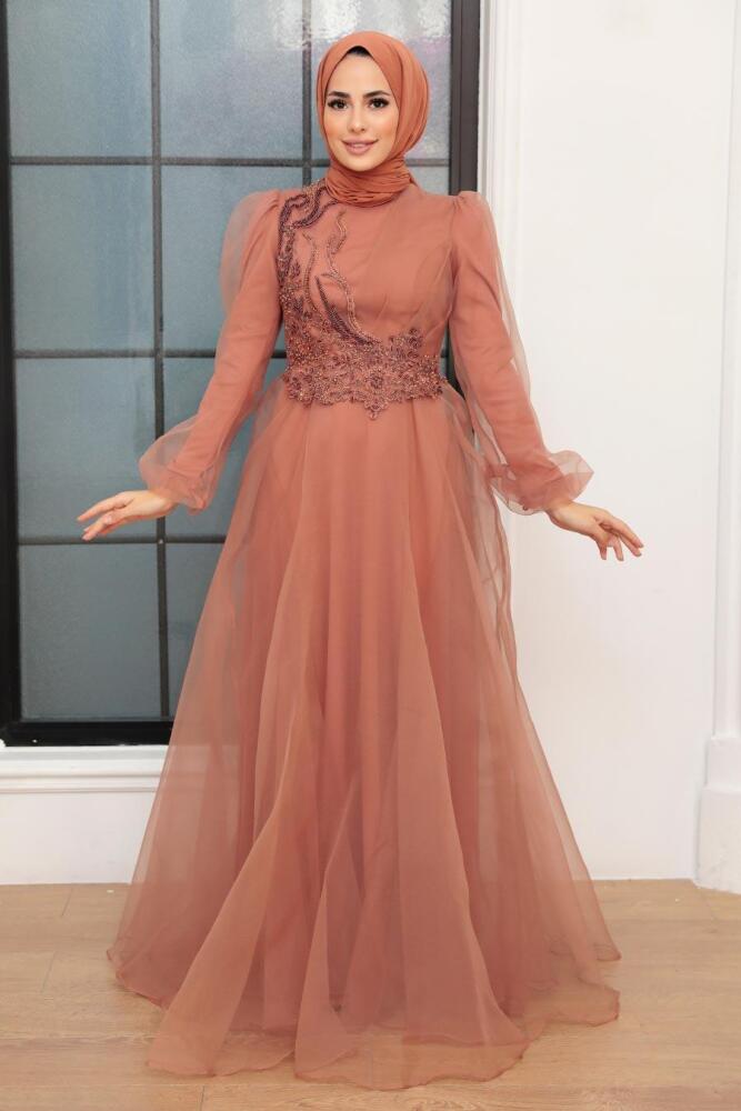 Tesettürlü Abiye Elbise - Robe de soirée Taba Hijab 22540TB - 1