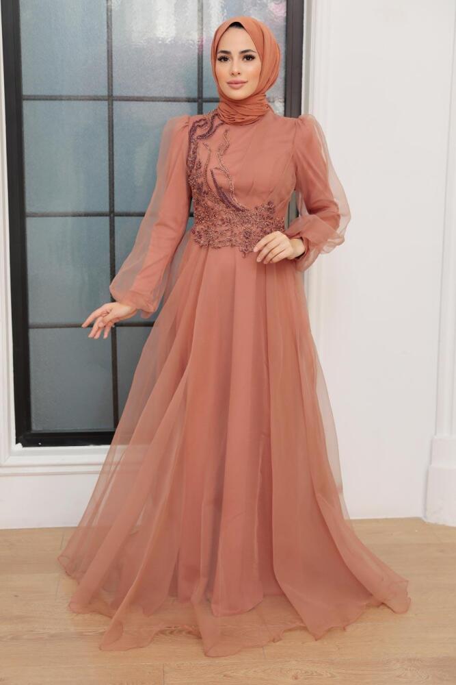 Tesettürlü Abiye Elbise - Robe de soirée Taba Hijab 22540TB - 2