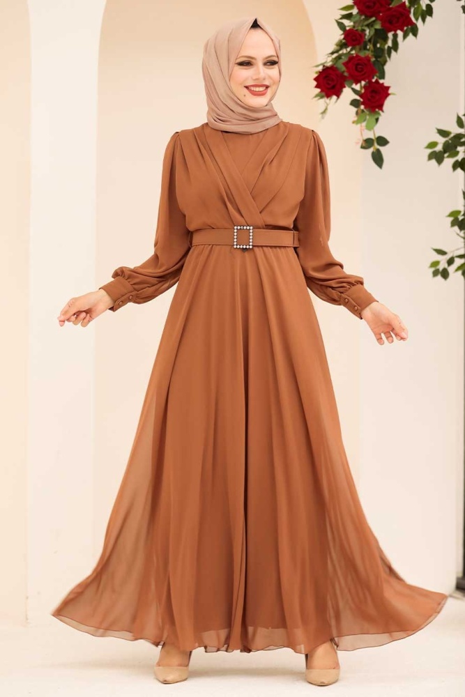 Tesettürlü Abiye Elbise -Robe de soirée Taba Hijab 3060TB - 1