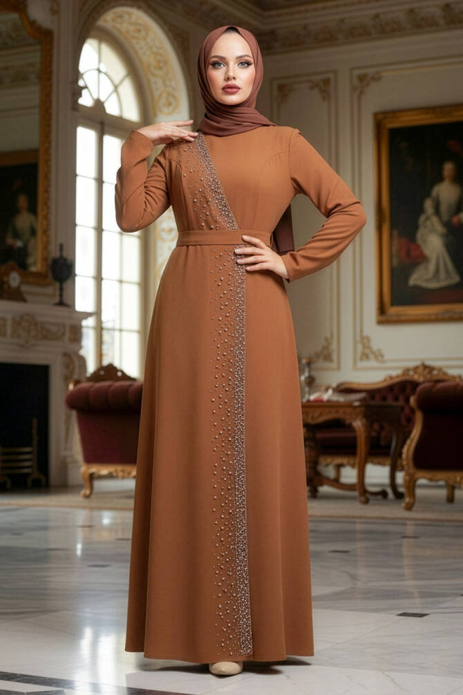 Tesettürlü Abiye Elbise - Robe de soirée Taba Hijab 32150TB - 1