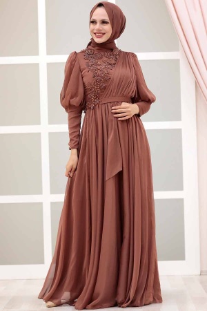 Tesettürlü Abiye Elbise -Robe de soirée Taba Hijab foncé 41551KTB - 2