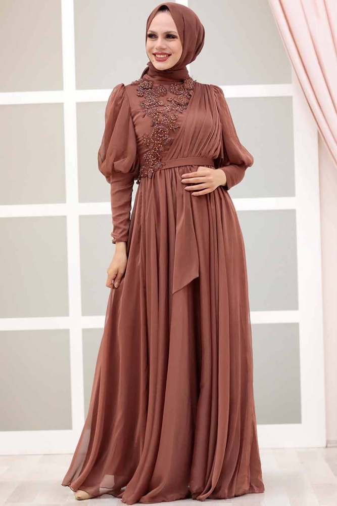 Tesettürlü Abiye Elbise -Robe de soirée Taba Hijab foncé 41551KTB - 2