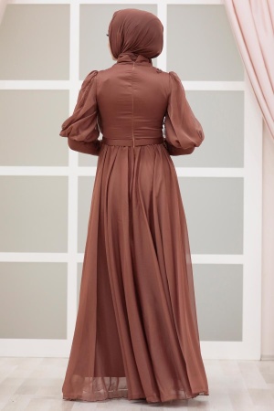 Tesettürlü Abiye Elbise -Robe de soirée Taba Hijab foncé 41551KTB - 3