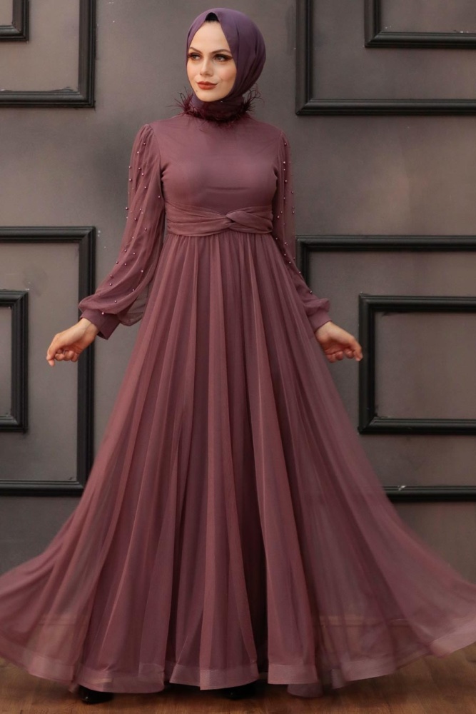 Tesettürlü Abiye Elbise - Robe de Soirée Testeur Rose Foncé 4305KGK - 1