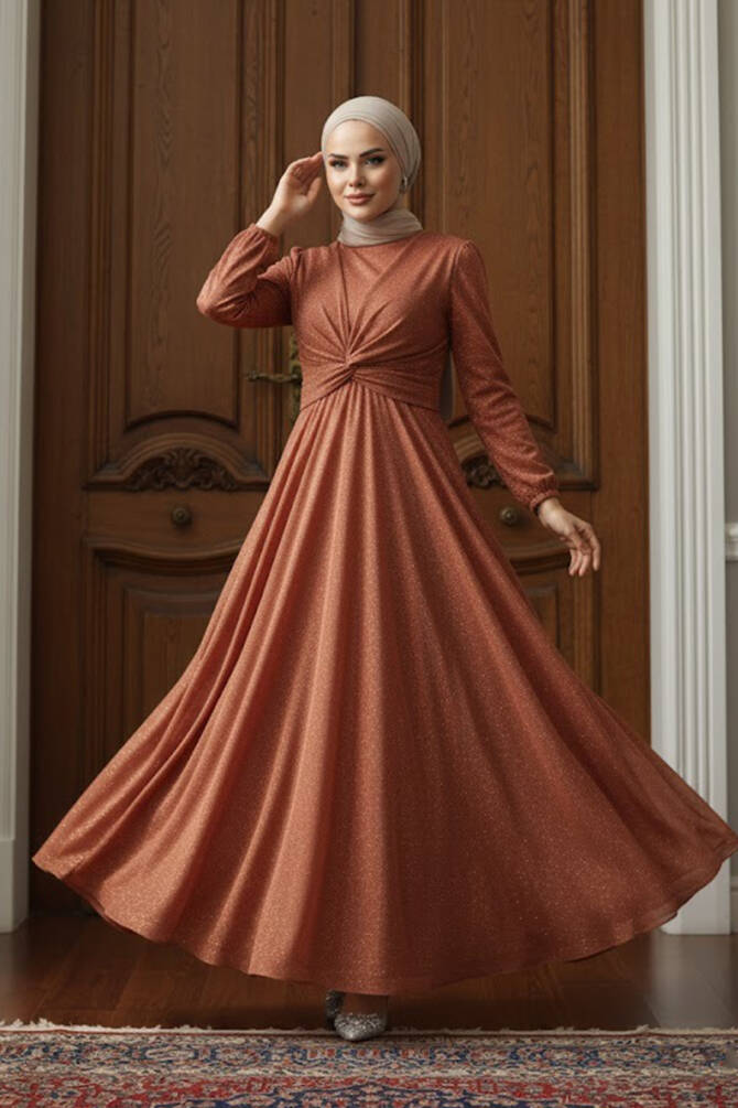 Tesettürlü Abiye Elbise - Robe de Soirée Tile Hijab 5397KRMT - 1