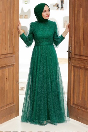 Tesettürlü Abiye Elbise - Robe de soirée verte pour vêtements islamiques 32763Y - 1