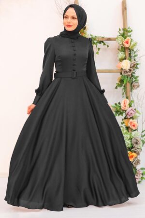 Tesettürlü Abiye Elbise - Robe de soirée voilée noire à boutons 3038S - 1