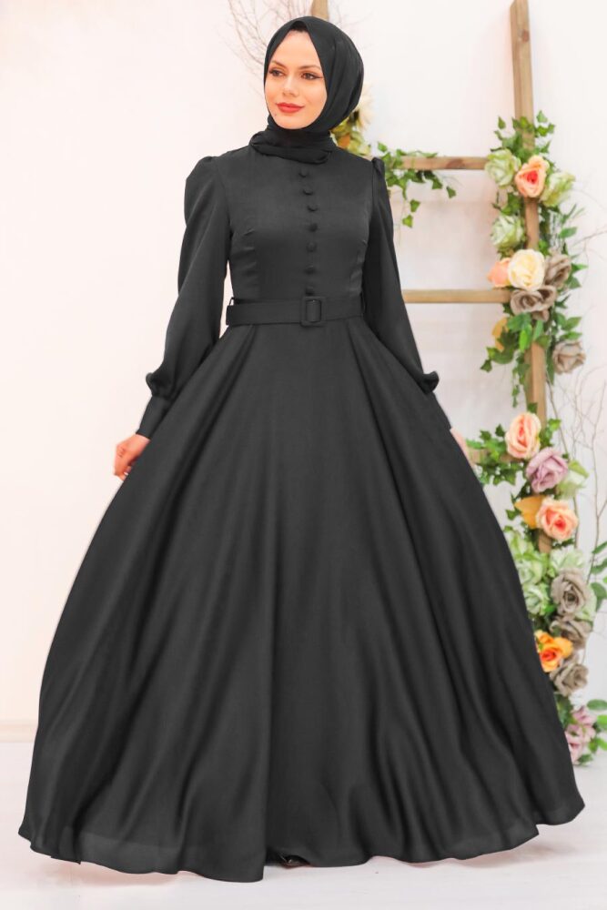 Tesettürlü Abiye Elbise - Robe de soirée voilée noire à boutons 3038S - 1