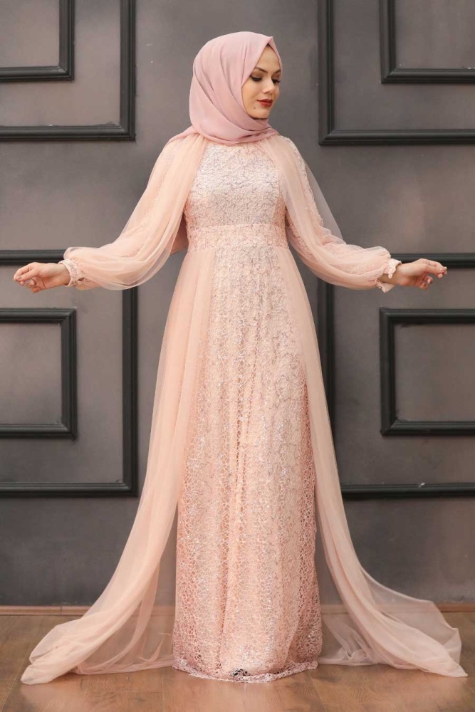Tesettürlü Abiye Elbise - Robe de soirée voile poudre avec cape 55190PD - 3