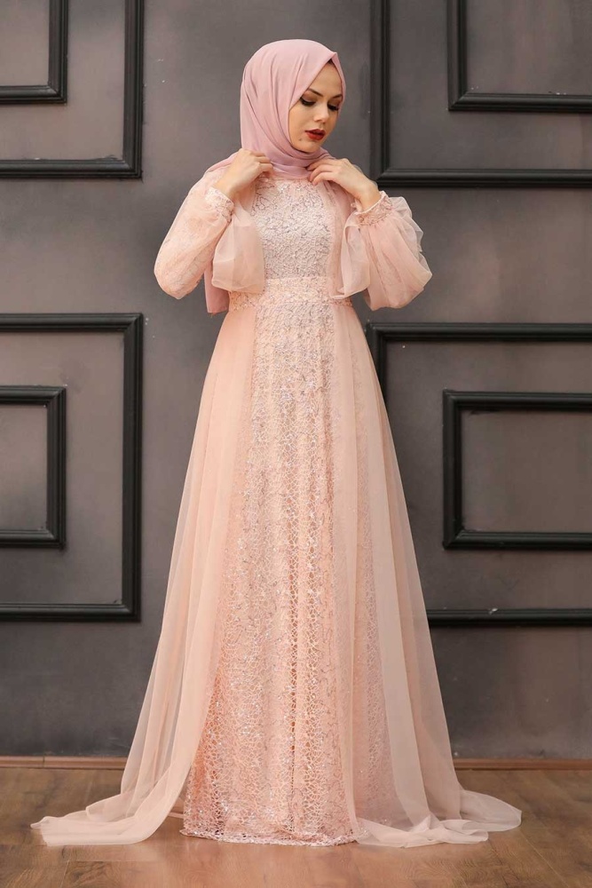 Tesettürlü Abiye Elbise - Robe de soirée voile poudre avec cape 55190PD - 1