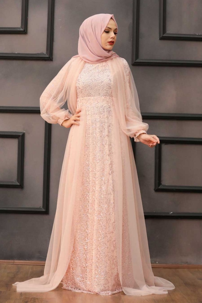 Tesettürlü Abiye Elbise - Robe de soirée voile poudre avec cape 55190PD - 2