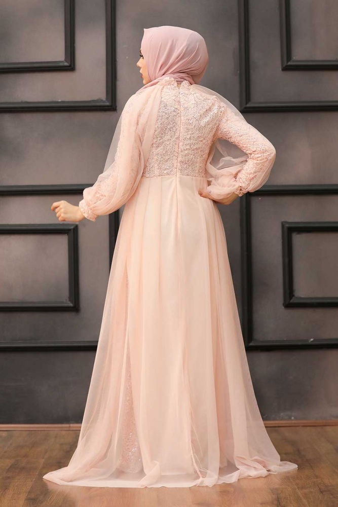 Tesettürlü Abiye Elbise - Robe de soirée voile poudre avec cape 55190PD - 4