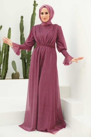Tesettürlü Abiye Elbise - Robe Hijab Rose Foncé 5367GK - 1