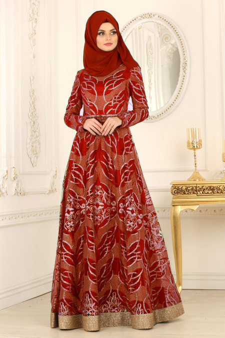 Tesettürlü Abiye Elbise - Rouge Bordeaux Robe de soirée Hijab 4304BR