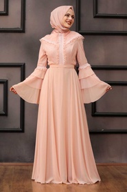 Tesettürlü Abiye Elbise - Salmon Pink Hijab Evening Dress 2248SMN - Thumbnail