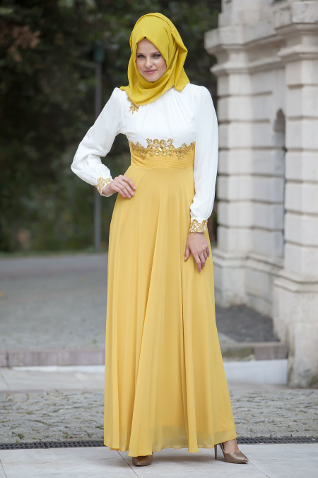 Tesettürlü Abiye Elbise - Sarı Elbise