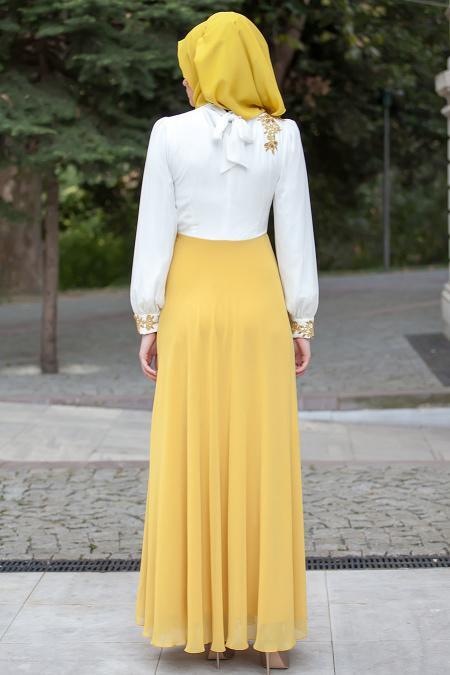 Tesettürlü Abiye Elbise - Sarı Elbise - 3